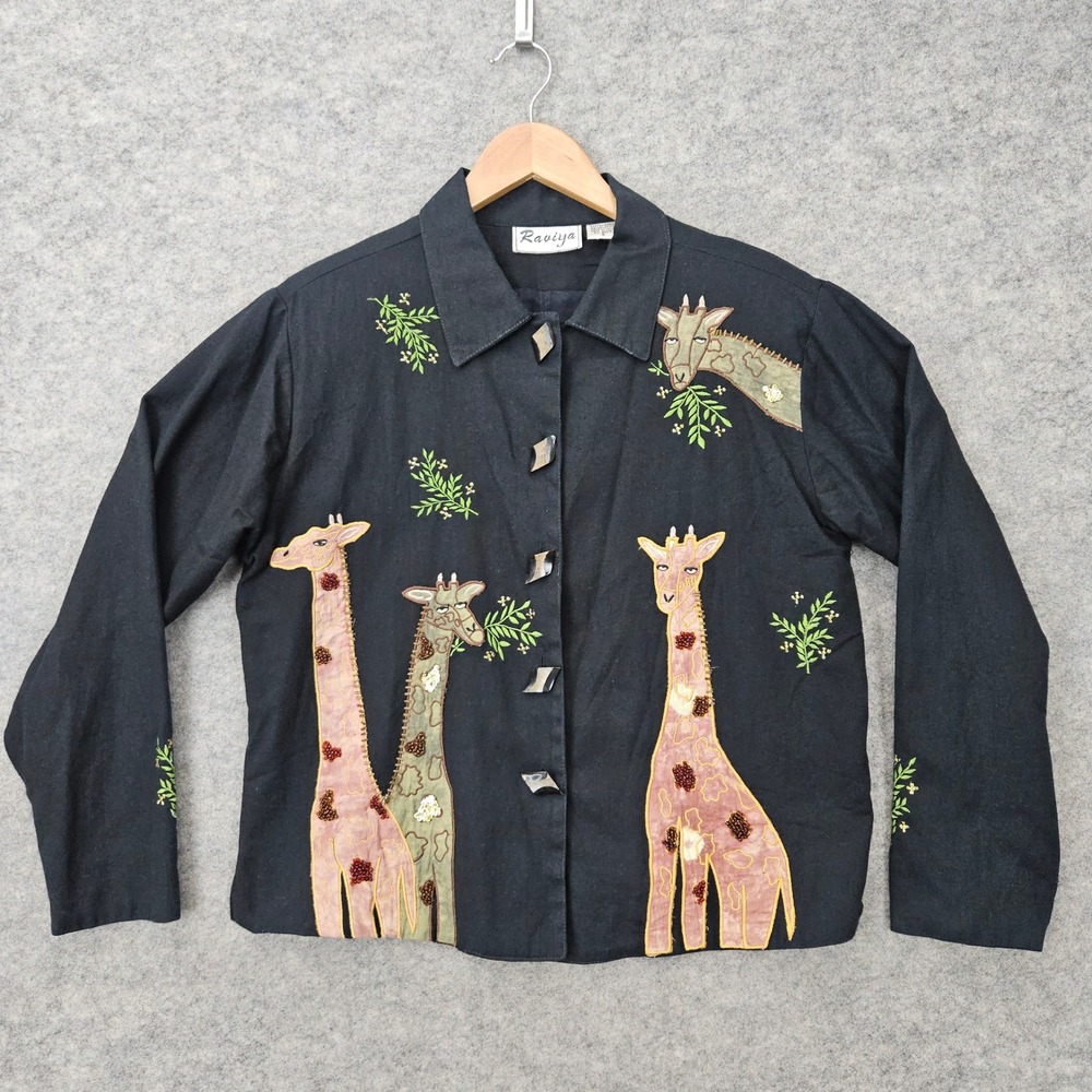 Raviya Jacket Women's Small Black Giraffe Beaded Embroidered Art To Wear Cotton